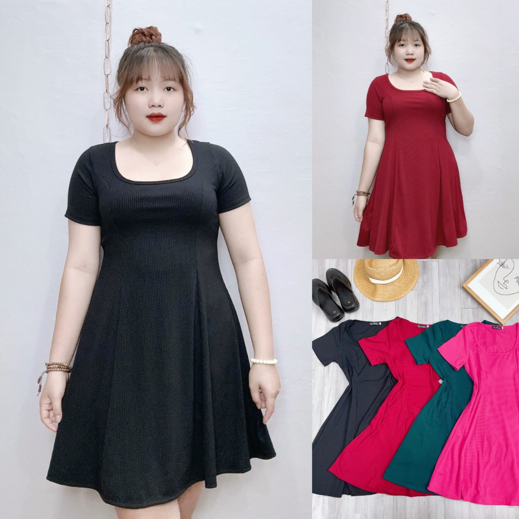 Váy BigSize Tay Ngắn Cổ Vuông Dáng Xòe,Đầm Chất Thun Gân Co Giãn 58kg-95kg Mã G115