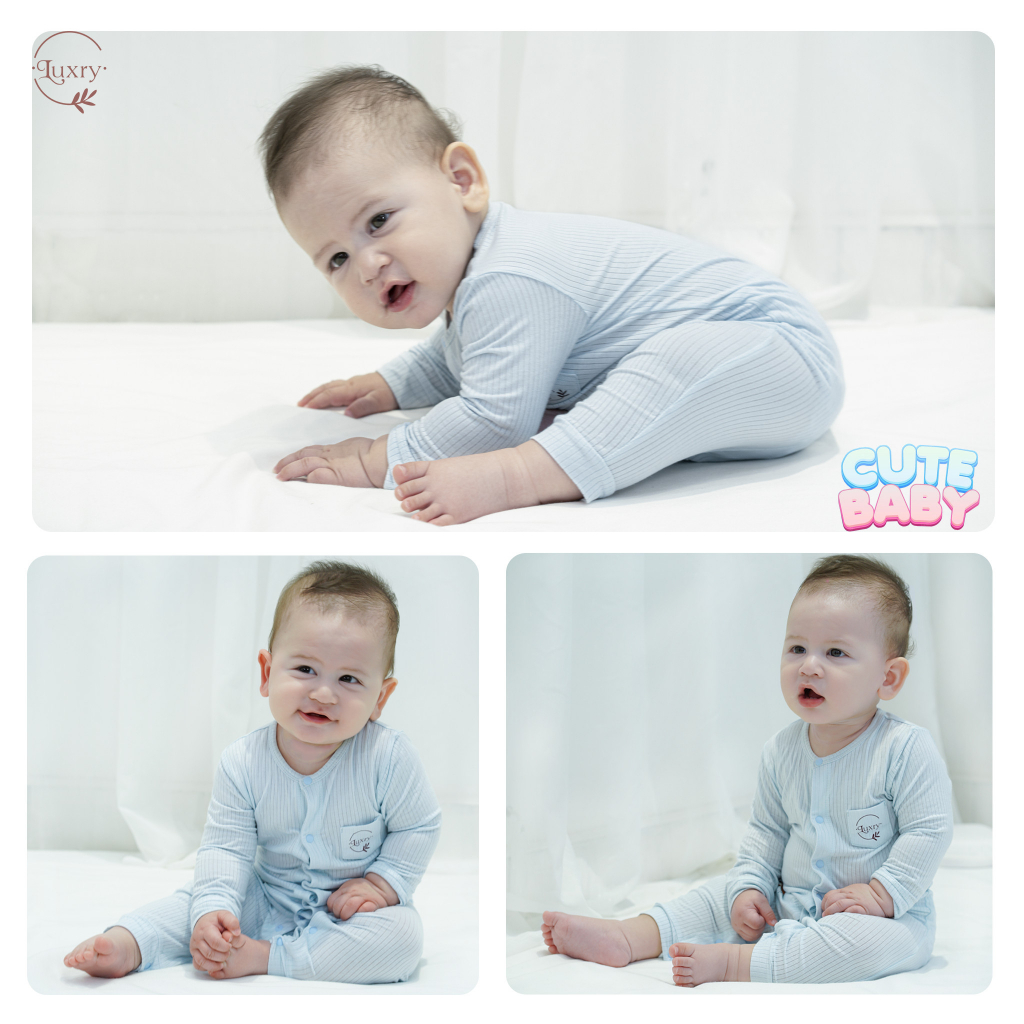 Body dài cài thẳng thỏ vân đáng yêu thương hiệu Luxry cho trẻ sơ sinh đến 18 tháng
