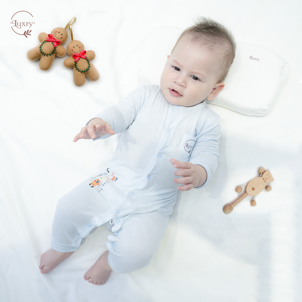 Body dài cài thẳng thỏ vân đáng yêu thương hiệu Luxry cho trẻ sơ sinh đến 18 tháng