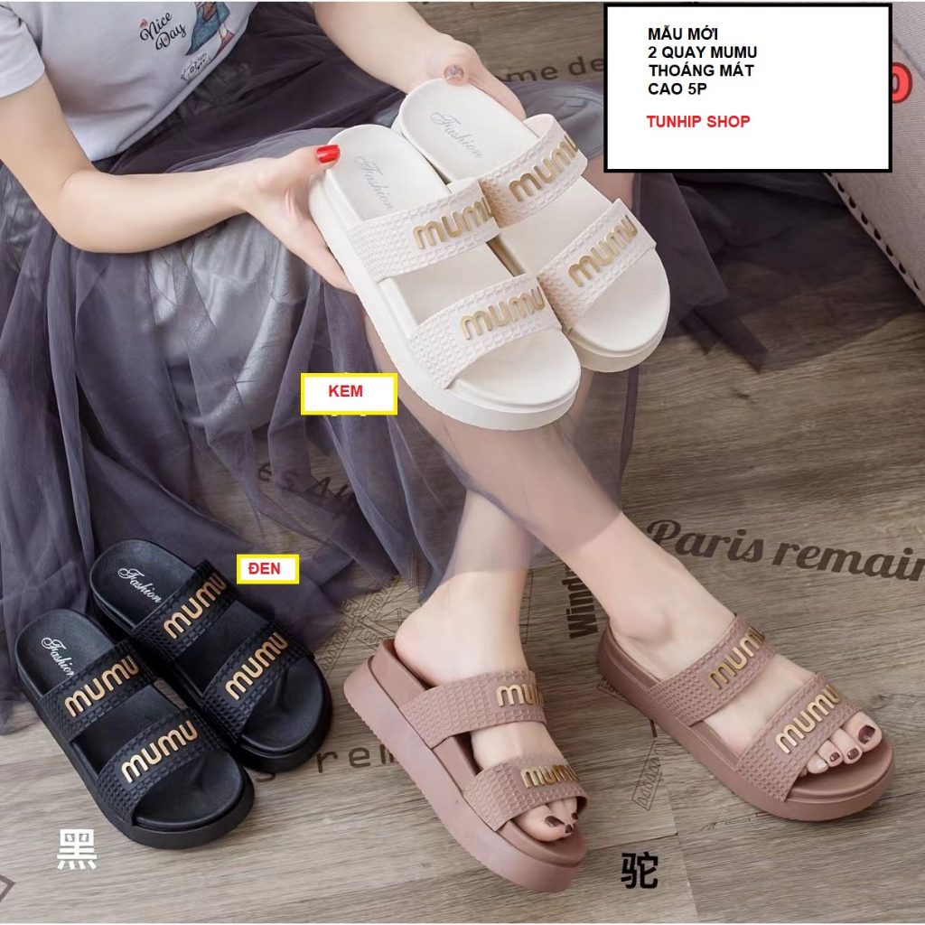 (tăng size)DÉP NỮ MUMU 2 QUAY KIỂU MỚI CHỮ NỔI ÁNH VÀNG- DÉP QUAI NGANG NỮ ĐẾ CAO 5CM MỚI NHẤT 2023