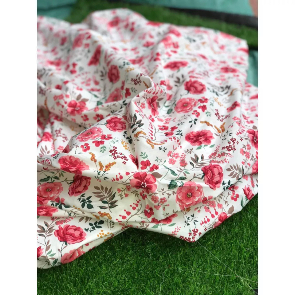 Thô cotton màu hồng phấn họa tiết Hoa Hồng vintage may đầm váy, bao gối, làm rèm cửa, decor