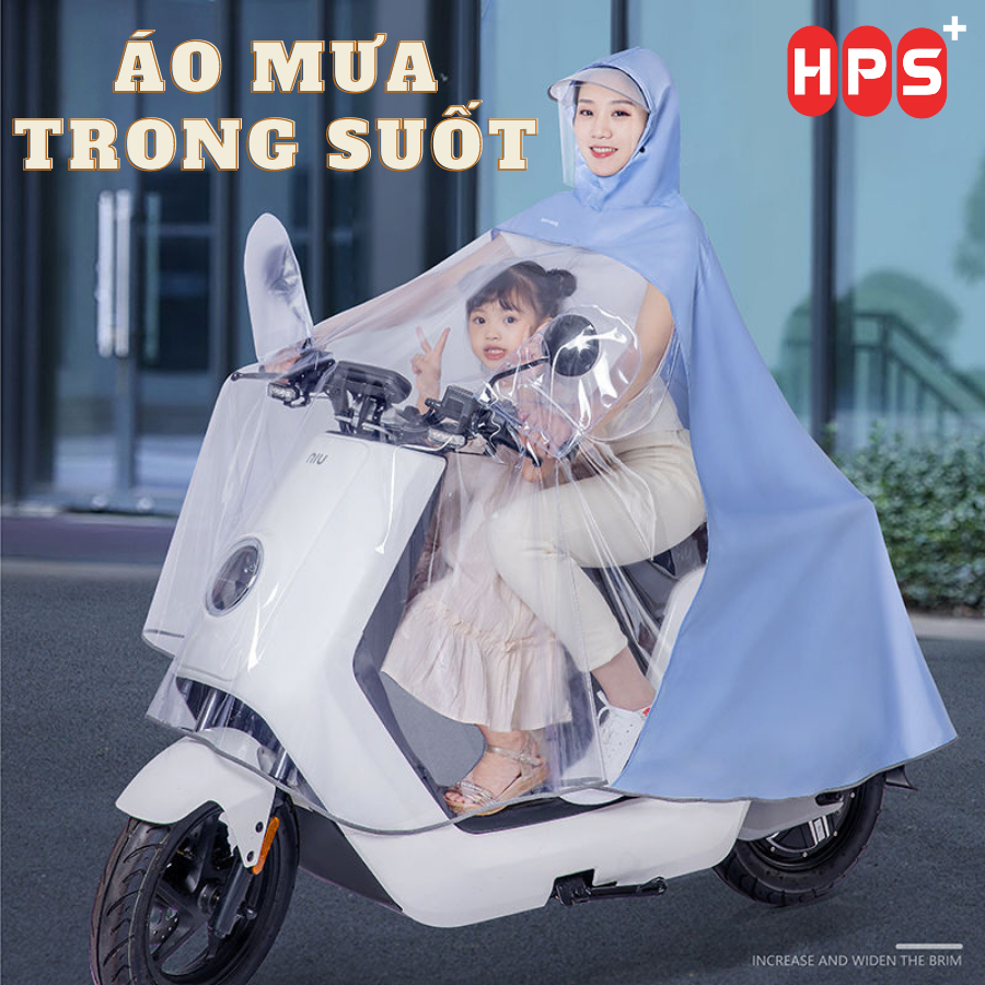 Áo mưa đơn/đôi nửa trước trong suốt cho Mẹ và Bé, Áo mưa cánh rơi che phủ toàn thân, kèm kính chắn mưa viền phản quang