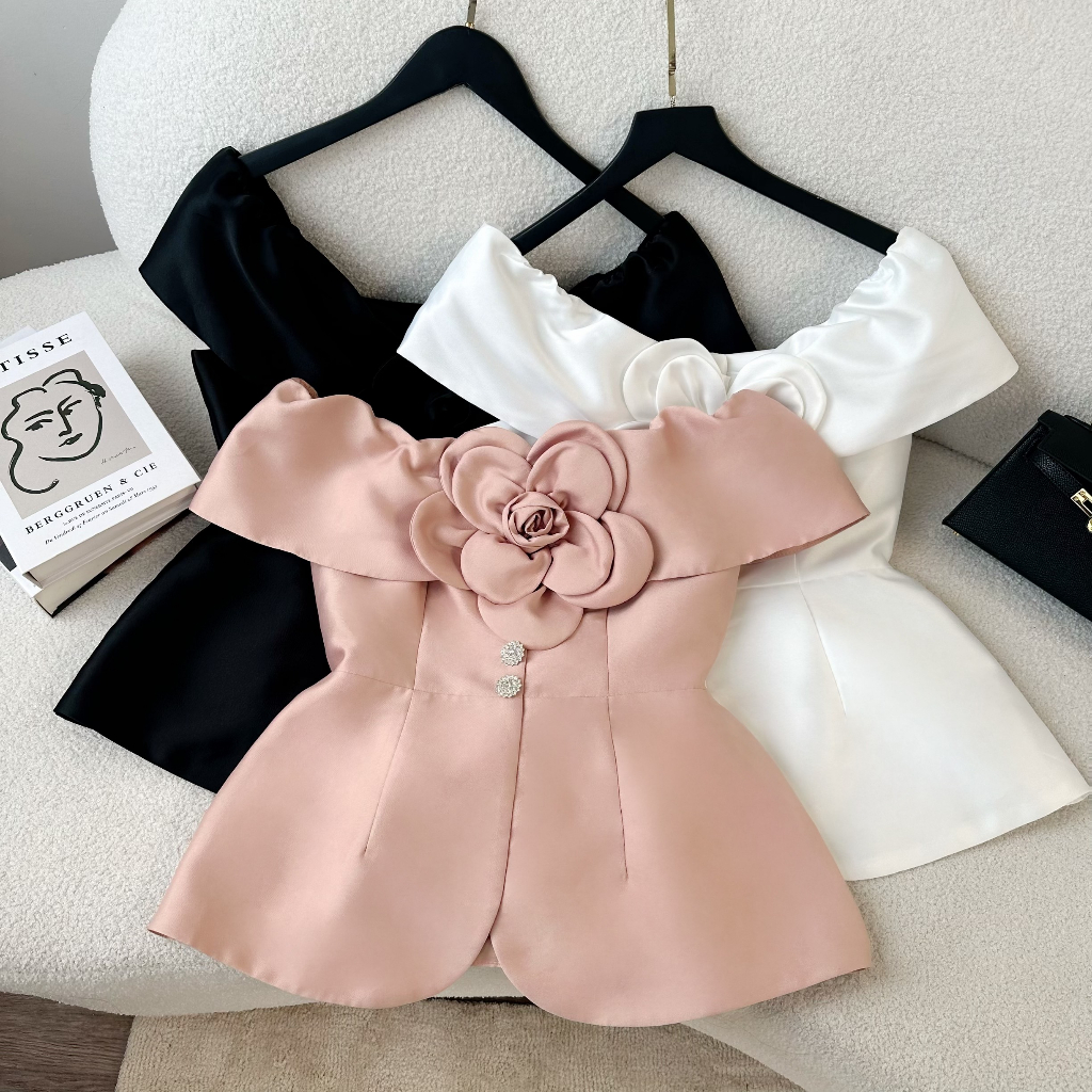 Áo nữ bigsize, áo bẹt vai bông 3D hai nút đá peplum phom đẹp đi tiệc đi chơi 50-90kg