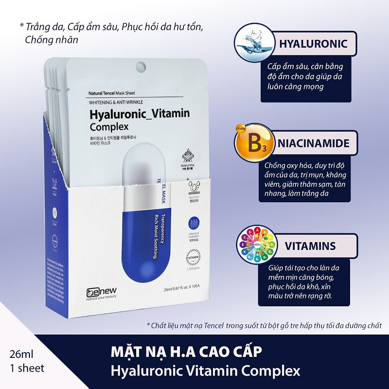 Đắp Mặt Nạ Vitamin Và HA Giúp Da Mềm Mịn, Căng Mọng, Xóa Nhăn BENEW Hyaluronic Complex Hàn quốc 26ml / Chiếc - XANH ĐẬM