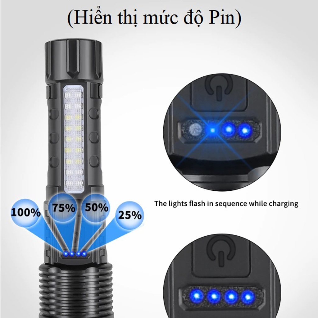 Đèn Pin Cầm Tay Siêu Sáng Corisu A76 Chiếu Xa 300m Có Zoom, Pin Trâu 2600mah, Chống Nước IPX6, Có COB Led 7 Chế Độ