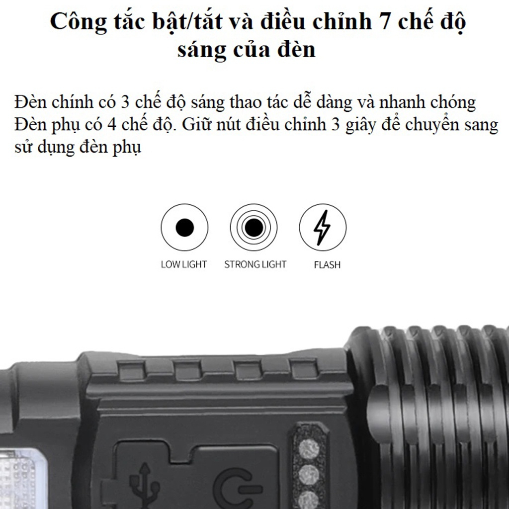 Đèn Pin Cầm Tay Siêu Sáng Corisu A76 Chiếu Xa 300m Có Zoom, Pin Trâu 2600mah, Chống Nước IPX6, Có COB Led 7 Chế Độ