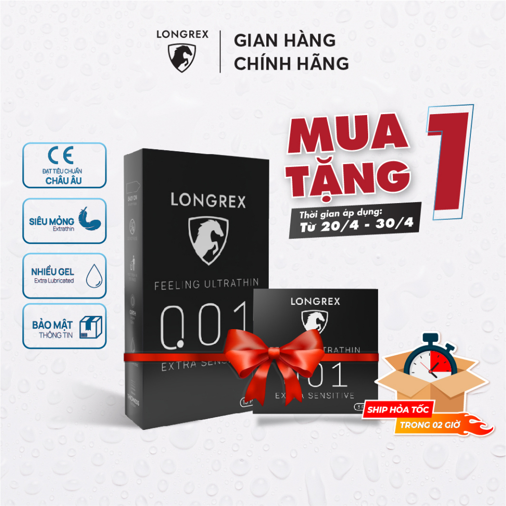 Bao cao su Longrex Extra Sensitive siêu mỏng, kéo dài thời gian quan hệ, nhiều gel bôi trơn, hương vani, hộp 10 bcs LR01