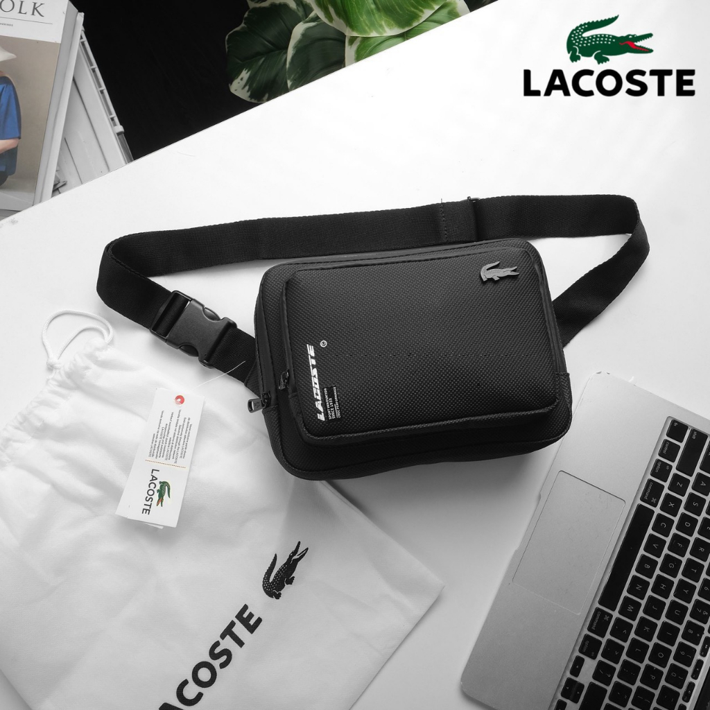 Túi chéo Lacoste chất liệu 100% da si chống thấm nước logo kim loại màu đen túi đeo nam nữ túi vải trắng full tem tag