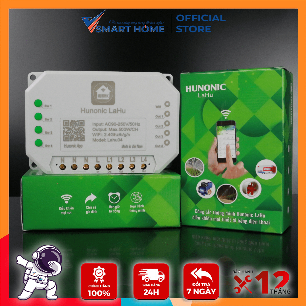 Công tắc thông minh kết nối Wifi Hunonic Lahu 4 kênh - 500W/kênh điều khiển mọi thiết bị từ xa qua điện thoại