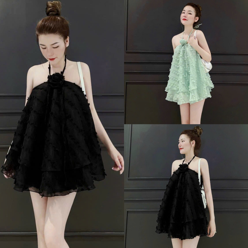set bộ nữ áo xòe tầng cổ yếm đính hoa mix quần short thời trang nữ stclothing