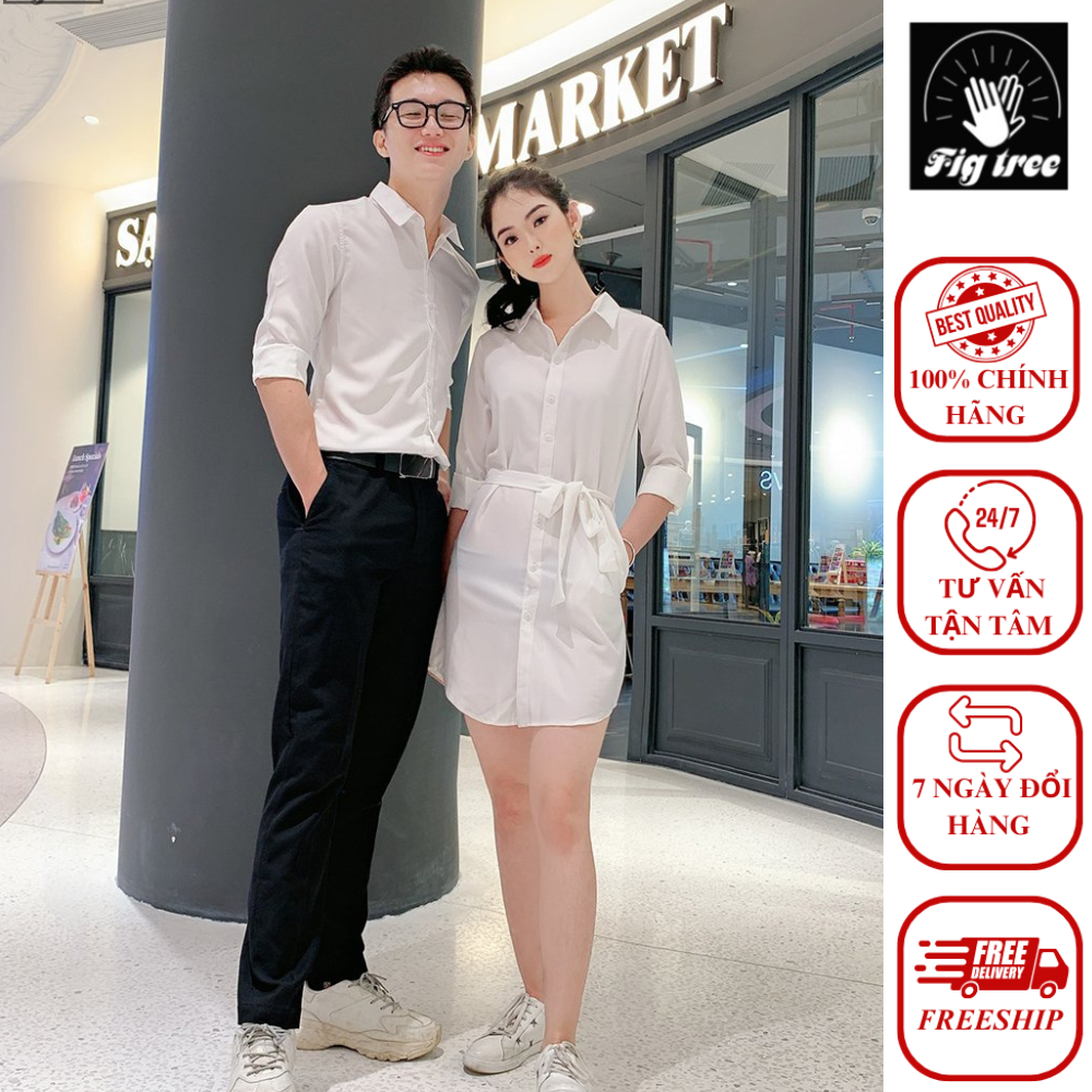 Set Sơ Mi Váy Đôi FIGTREE Màu Trắng Tinh Khôi Cho Couple