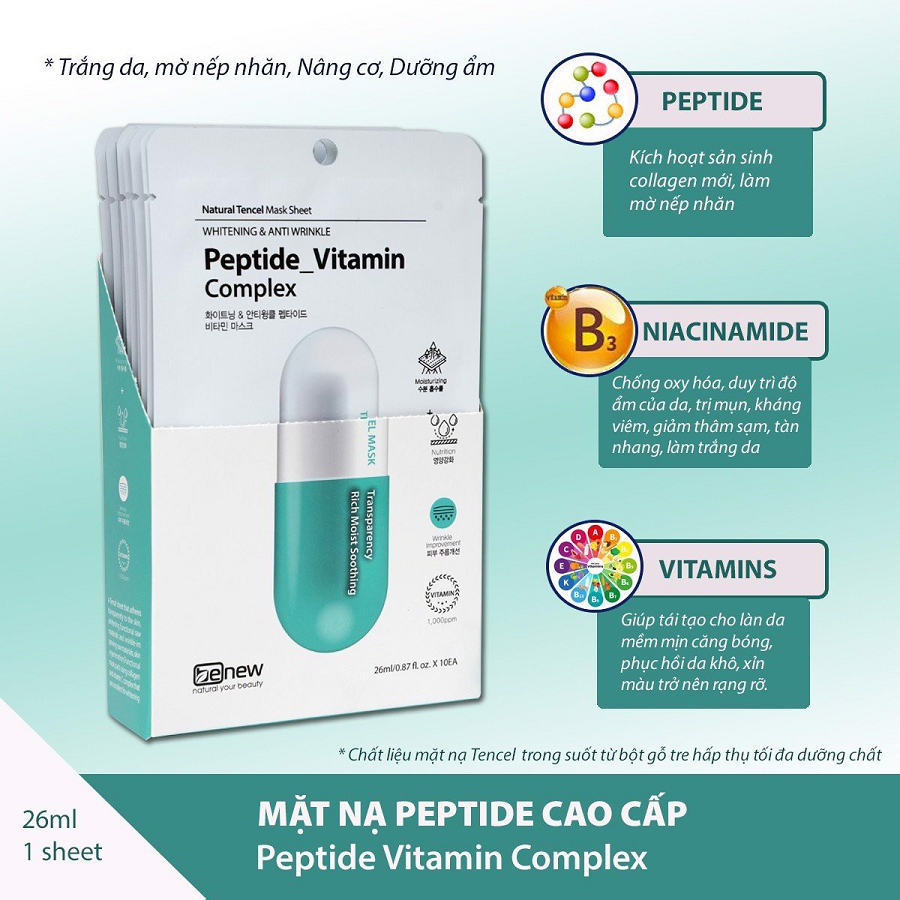 Đắp Mặt Nạ Vitamin Trắng Da, Chống Nhăn, Căng Mịn Da BENEW Peptide Complex Hàn quốc 26ml/ Chiếc - XANH LÁ