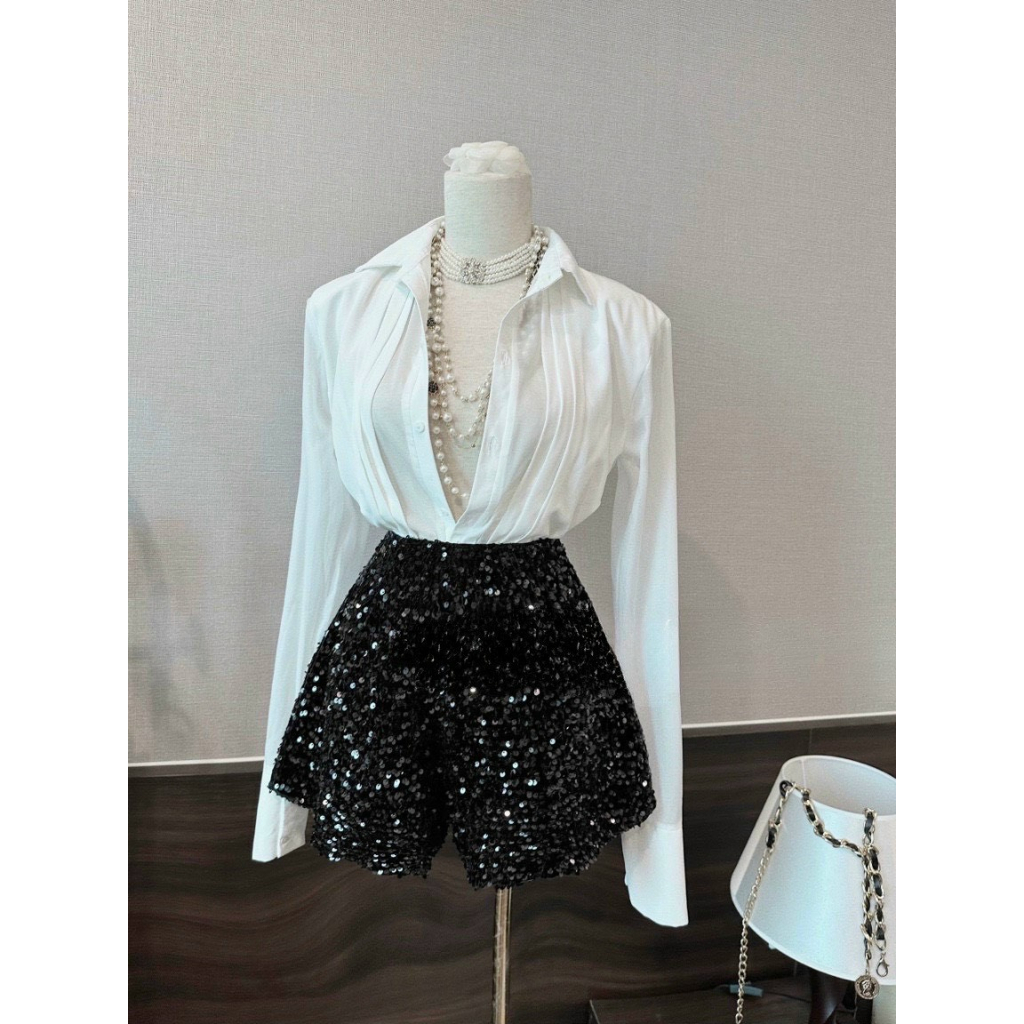 Set áo sơ mi xếp ly + Quần short kim sa