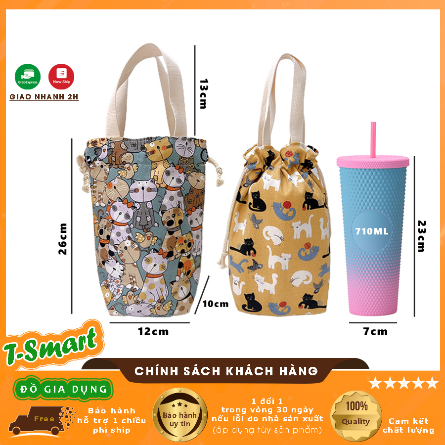 (Kèm Dây Rút) Túi Vải Canvas 2 Lớp Dày Dặn Đựng Cốc, Ly, Bình Giữ Nhiệt, Đồ Cá Nhân Đa Năng Cute - Có Quai Xách Tiện Lợi