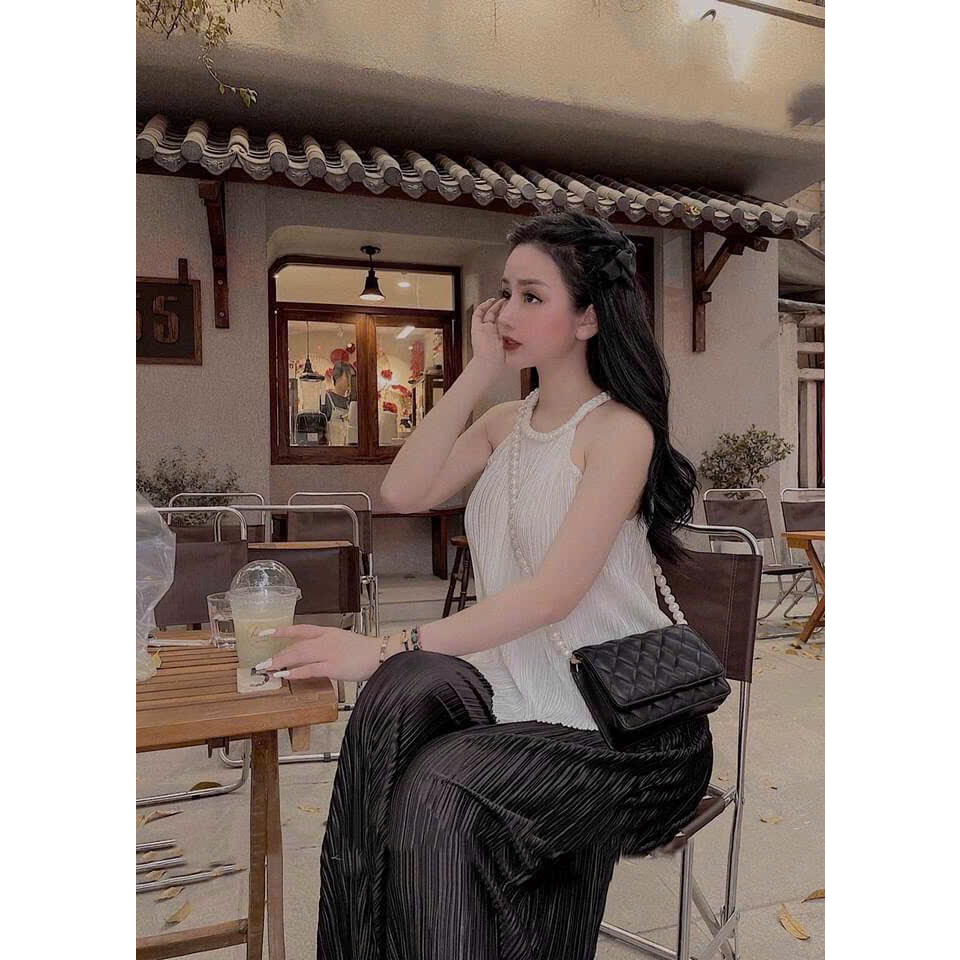 [5.5 Sales Freeship]Set áo trắng cổ yếm đính ngọc phối quần suông đen dập ly,bộ đồ áo yêm quần rộng đi chơi đơn giản TH