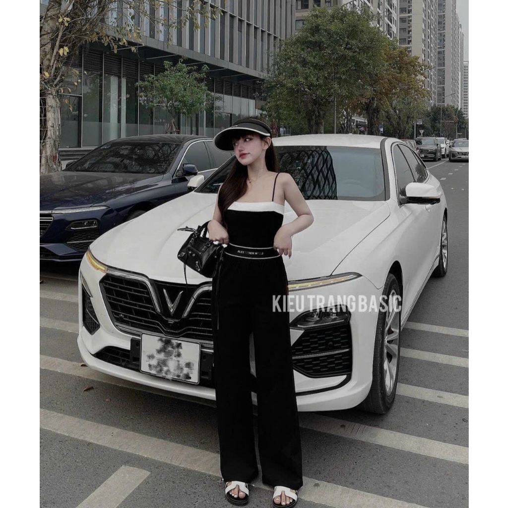 [5.5 Sales Freeship] Set bộ thun áo 2 dây cổ vuông phối trắng mix quần dài ống suông, bộ thun phồi viền chữ đơn giản TH