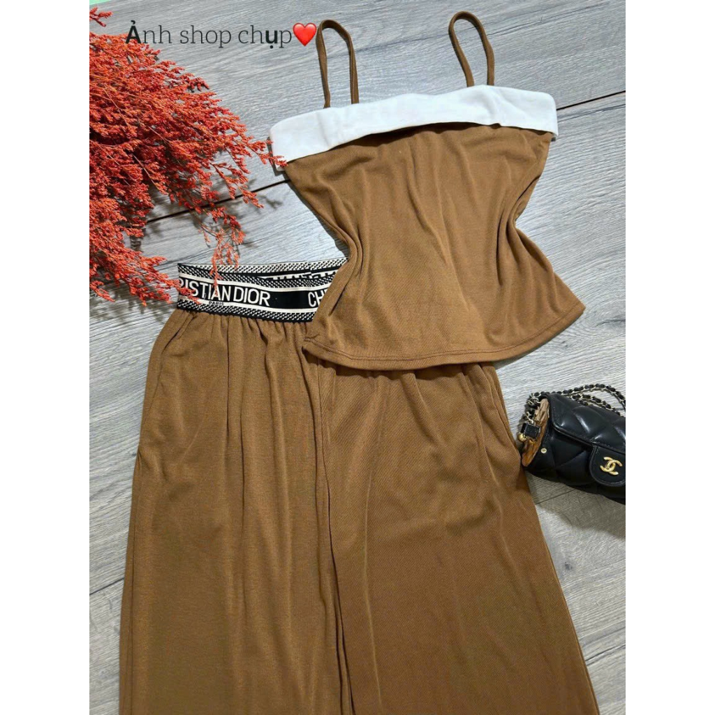 [5.5 Sales Freeship] Set bộ thun áo 2 dây cổ vuông phối trắng mix quần dài ống suông, bộ thun phồi viền chữ đơn giản TH