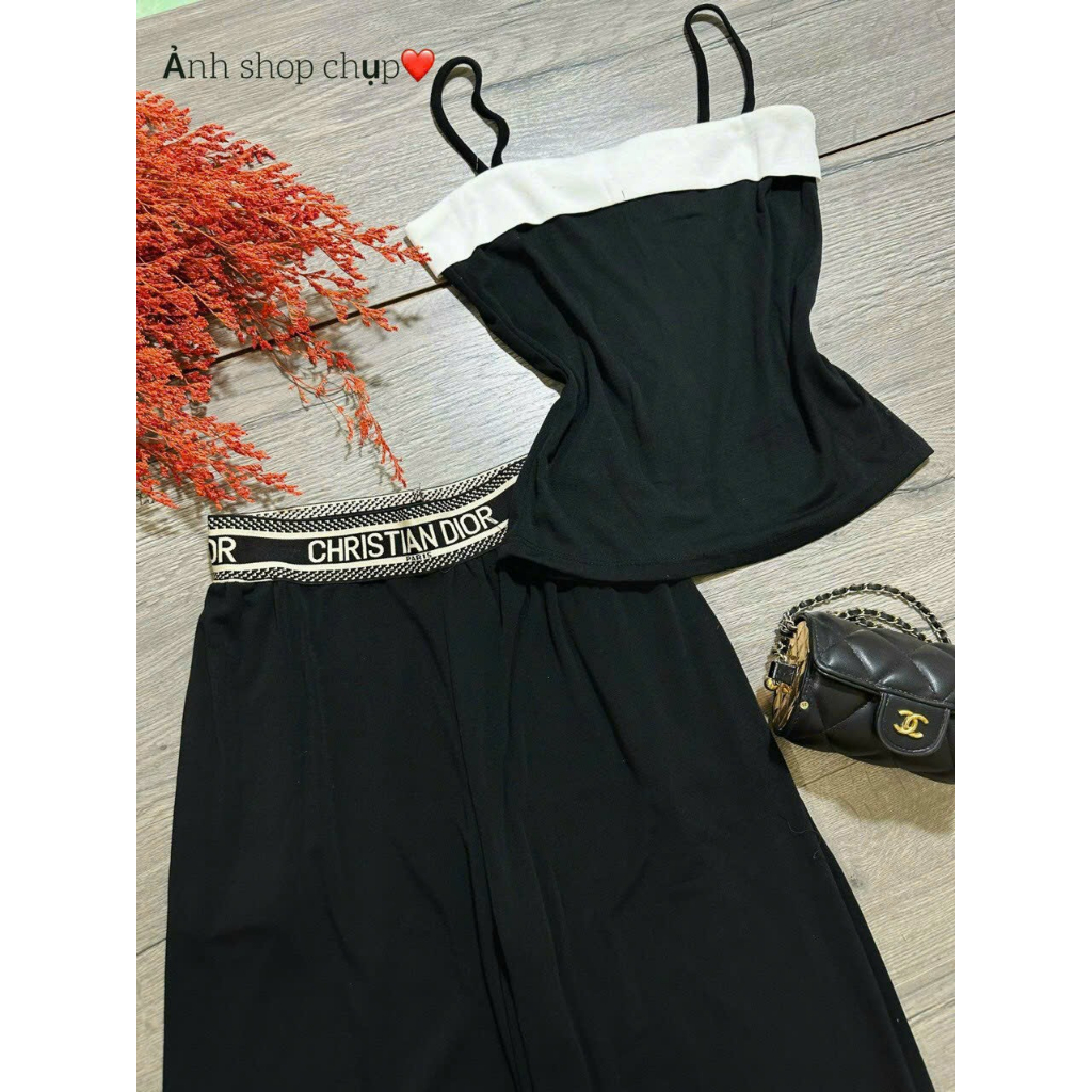 [5.5 Sales Freeship] Set bộ thun áo 2 dây cổ vuông phối trắng mix quần dài ống suông, bộ thun phồi viền chữ đơn giản TH