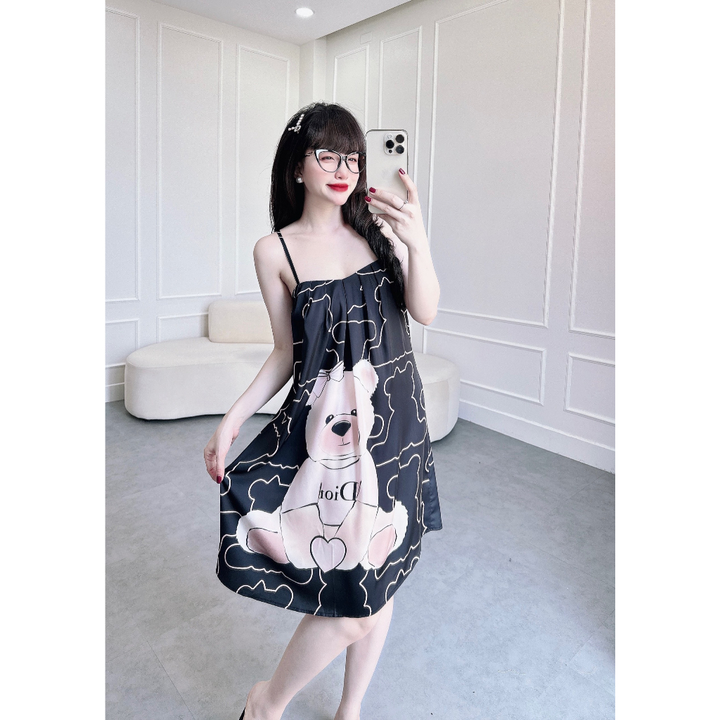 Đầm ngủ nữ cao cấp 2 dây họa tiết 3D dễ thương, lụa latin mềm mịn, mặc thoải mái, mát mẻ s933 - Đồ ngủ xinh Vy Linh