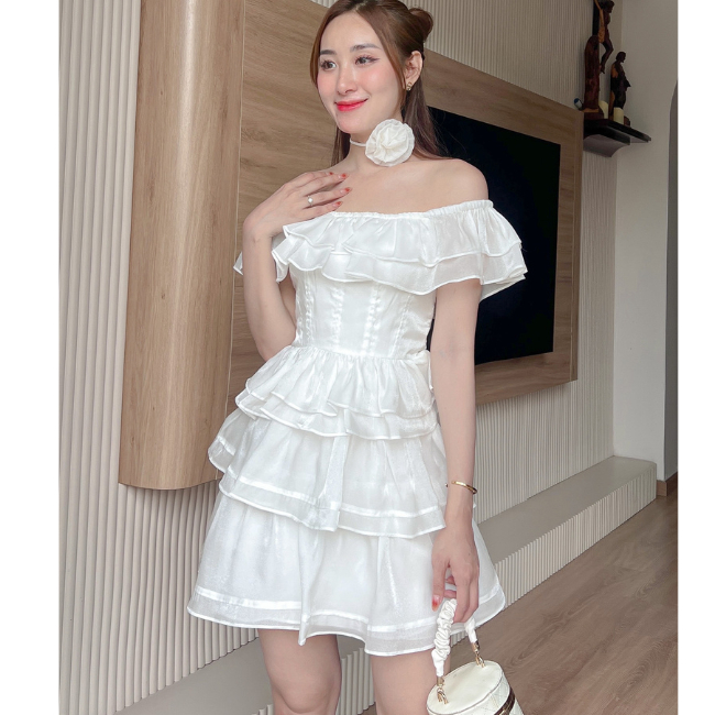 Đầm nữ váy nữ voan phối choker hoa cổ- Đầm dự tiệc trễ vai dáng váy ngắn dễ thương,đi tiệc