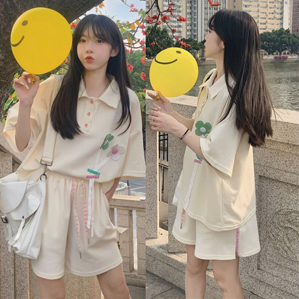 Set bộ áo polo quần đùi kèm bông hoa nổi màu be dành cho nữ cực hot phong cách hàn quốc xưởng sỉ nguyễn hoa