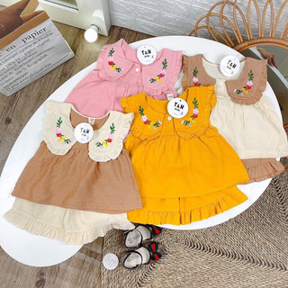 Set bộ đũi bé gái, set bộ 3 lỗ đũi cổ sen thêu hoa cinh xắn cho bé gái 7-16kg