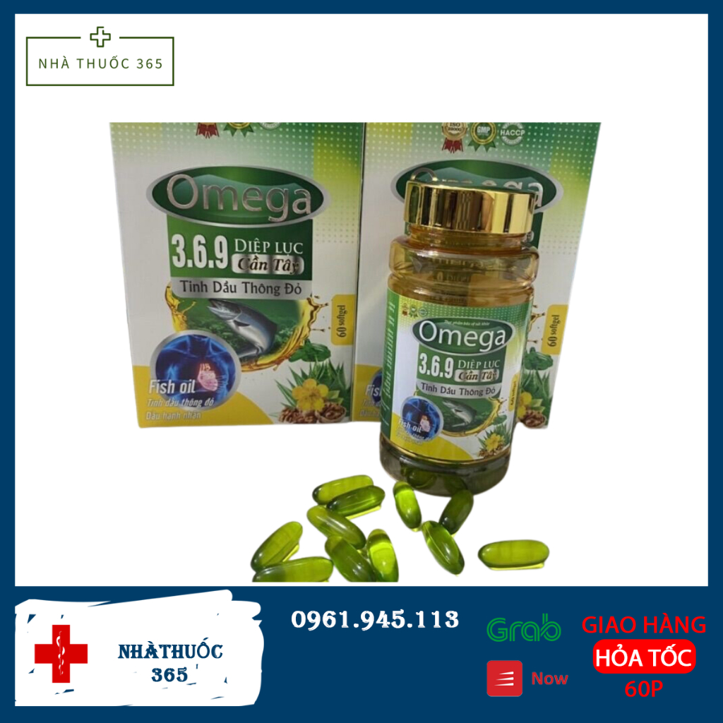 Viên uống dầu cá Omega 369 diệp lục cần tây , tinh dầu thông đỏ, sáng mắt, khỏe mạnh tim mạch - Hộp 60 viên