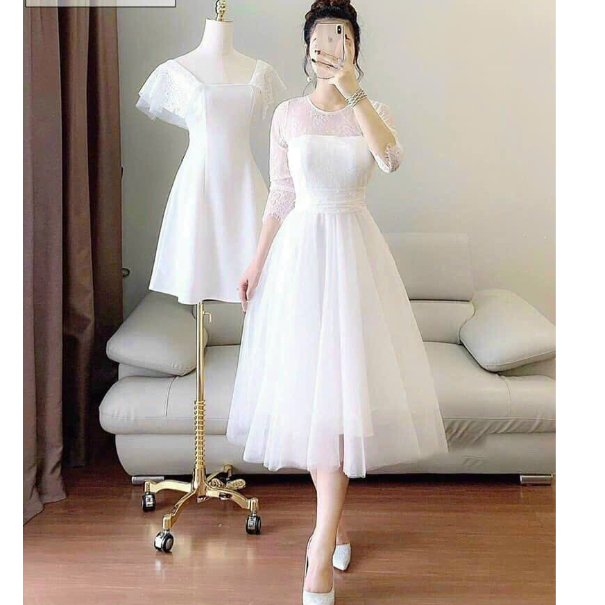 Đầm thời trang nữ dự tiệc chất ren lưới cổ tròn có mút tay dài váy 2 lớp dài xoè maxi màu trắng