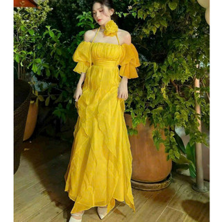Đầm thời trang nữ dự tiệc chất tơ lụa kèm nơ cổ có mút trễ vai tay lững dáng váy xoè maxi phối ren