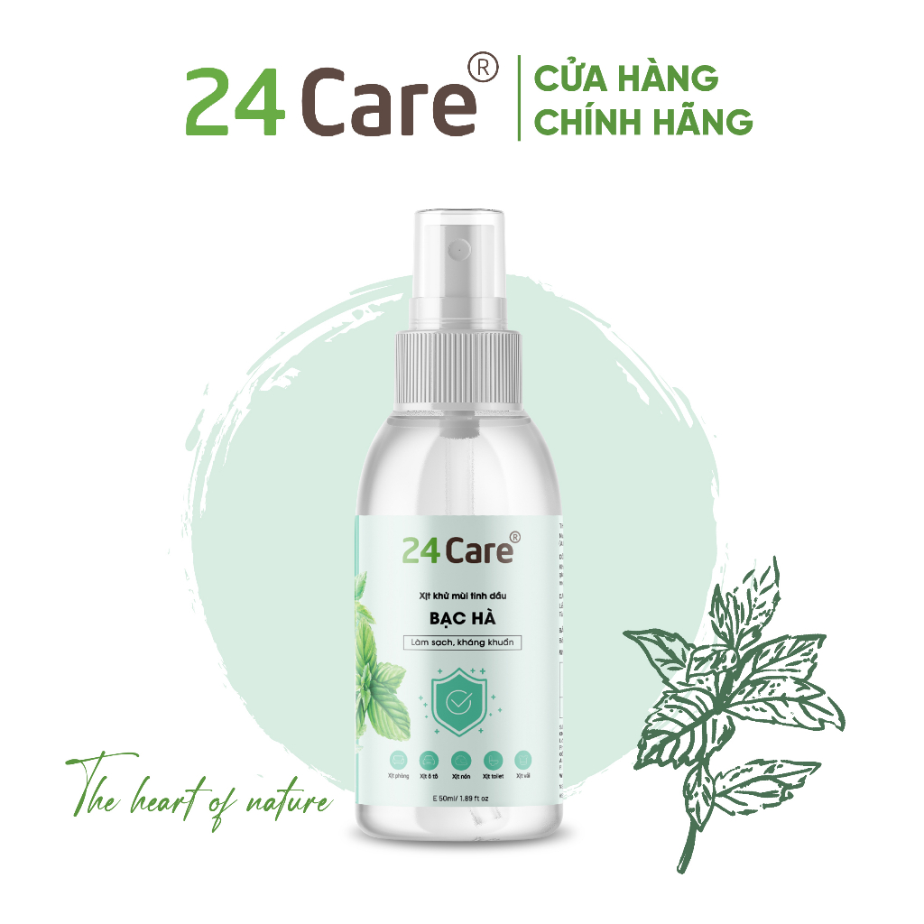 Xịt Phòng Tinh Dầu Bạc Hà Hữu Cơ Organic 24Care 50ML - Kháng khuẩn - Khử mùi hôi - Đuổi muỗi - côn trùng - Tập trung