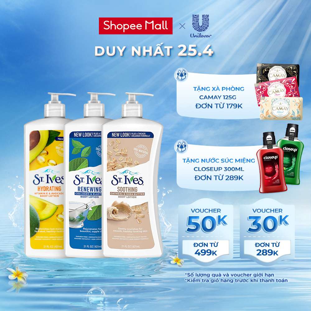 Sữa dưỡng thể St.Ives Yến Mạch và Bơ/ Vitamin E và Bơ/ Collagen 621ml