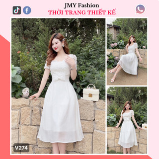 V274 Váy ren trắng tiểu thư đính nơ [Hà Thanh&Rency] váy đầm trắng dự tiệc nữ tính