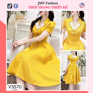 V3570 Váy vàng công sở dáng xòe váy cổ vest đính hoa có túi