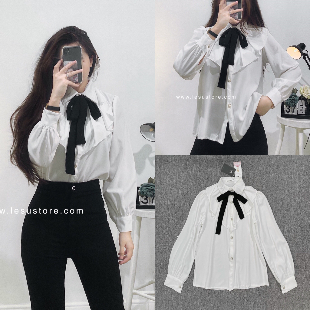 ẢNH TỰ CHỤP Áo sơ mi cổ bèo thắt nơ tay dài