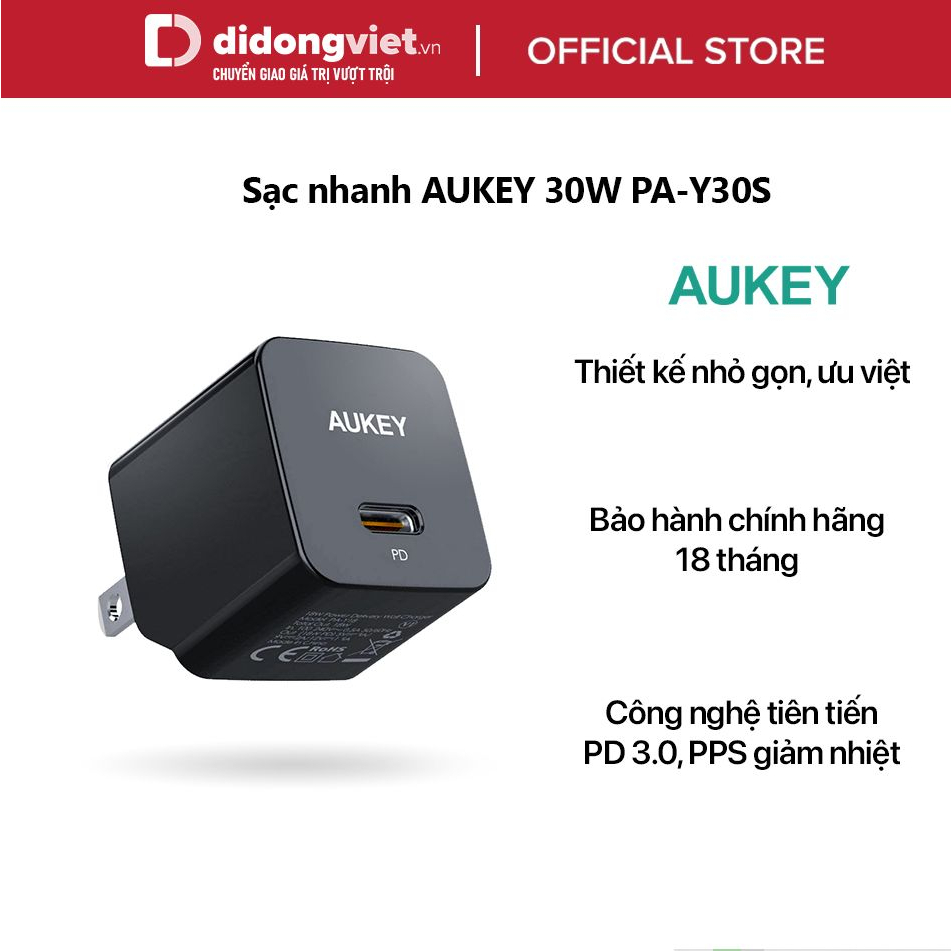 Củ sạc nhanh 30W Aukey PA-Y30s Chính Hãng - Công nghệ tiên tiến PD 3.0, PPS giảm nhiệt, nhỏ gọn, bảo hành 18 tháng