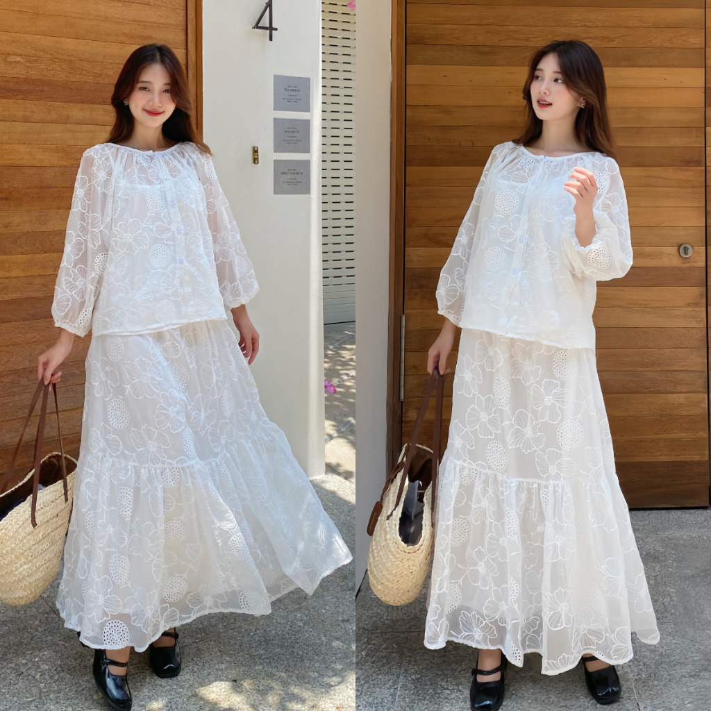 Set áo + chân váy tiểu thư ren hoa màu trắng SET605