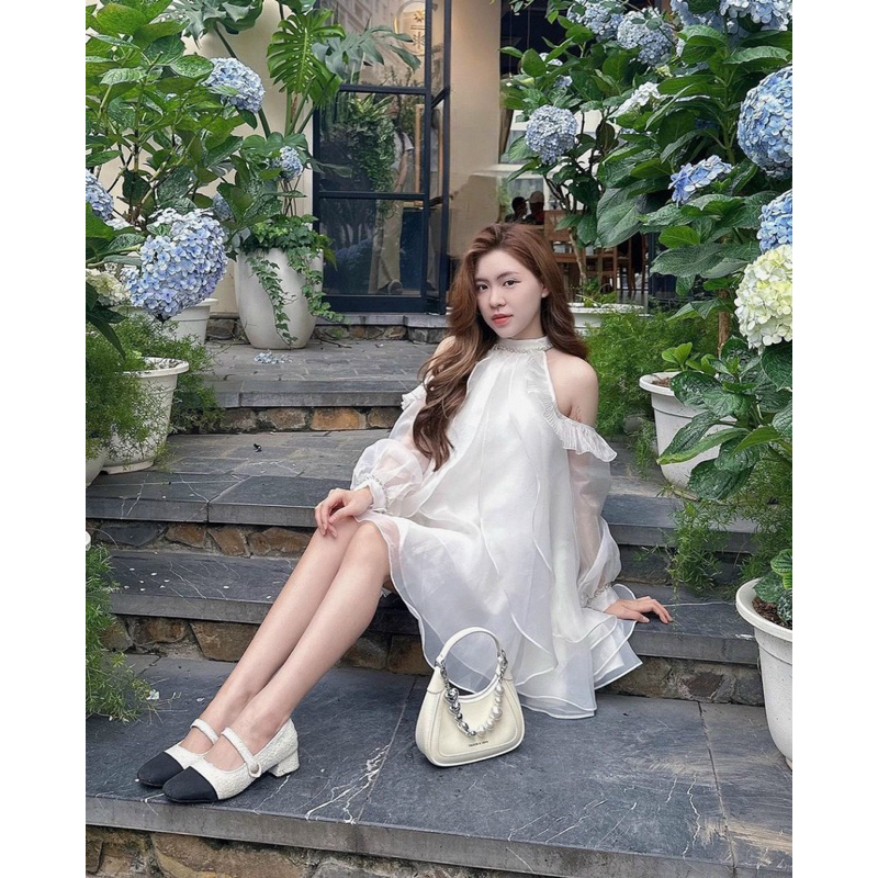 Đầm dáng suông TRIPBLE T DRESS cổ yếm kết đá rớt vai - Free size dưới 54kg - MS06HD