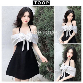 Váy tiểu thư dáng xòe chữ A trễ vai đính nơ màu đen🦋 đầm nữ cổ yếm buộc dây hở vai đi chơi dự tiệc sang chảnh hàn quốc