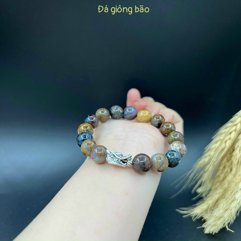 Vòng tay phong thuỷ đá giông bão mix charm bạc đầu rồng (hợp mệnh kim,mộc)
