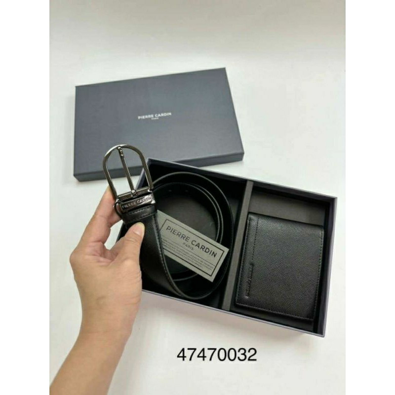 Sẵn set thắt lưng dây nịt xỏ lỗ gài lỗ kèm ví da bóp nam Pierre Cardin tặng kèm túi giấy