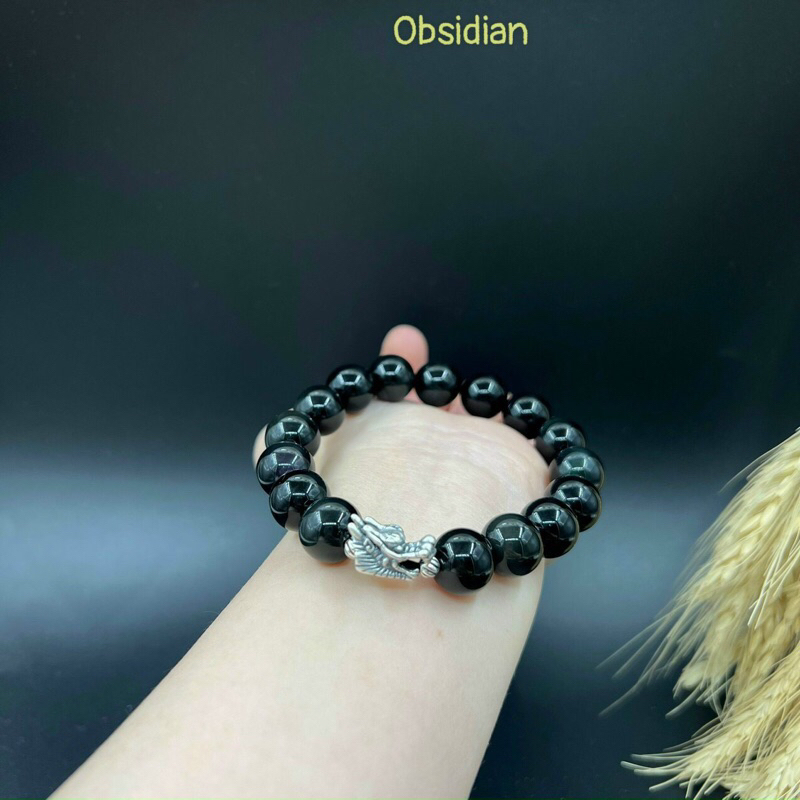 Vòng tay phong thuỷ đá obsdian mix charm bạc đầu rồng( hợp mạng thuỷ,mộc)