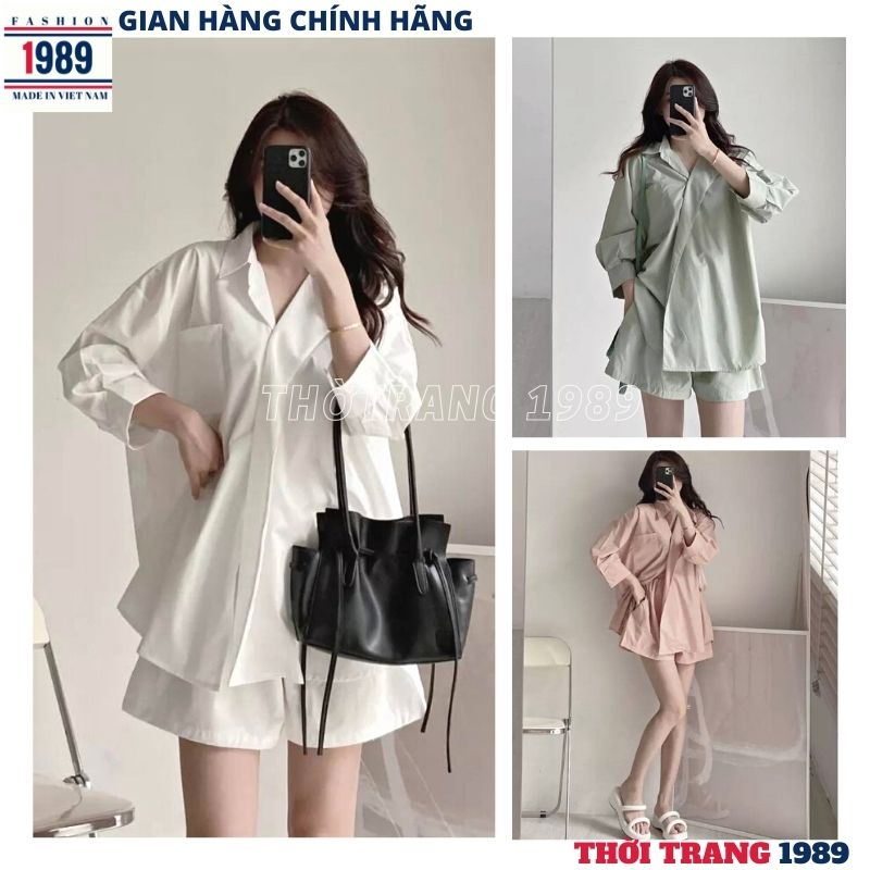 Bộ Quần Đùi Áo Sơ Mi dài tay khuy cài kiểu mới 🦋 Set Áo Somi dàiTay Kèm Quần Short đùi Dáng Rộng chất thô mềm hàn quốc