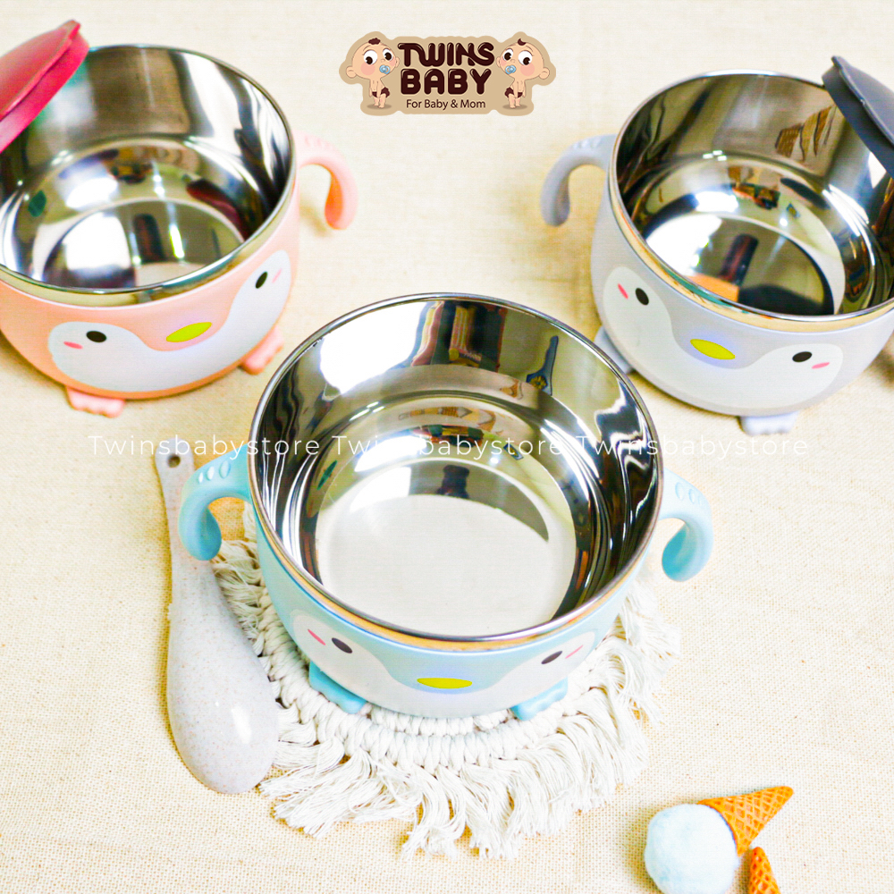 Bát ăn cơm, bát ăn mì, bát ăn dặm cho bé inox hình chim cánh cụt dễ thương, có nắp đậy kèm thìa
