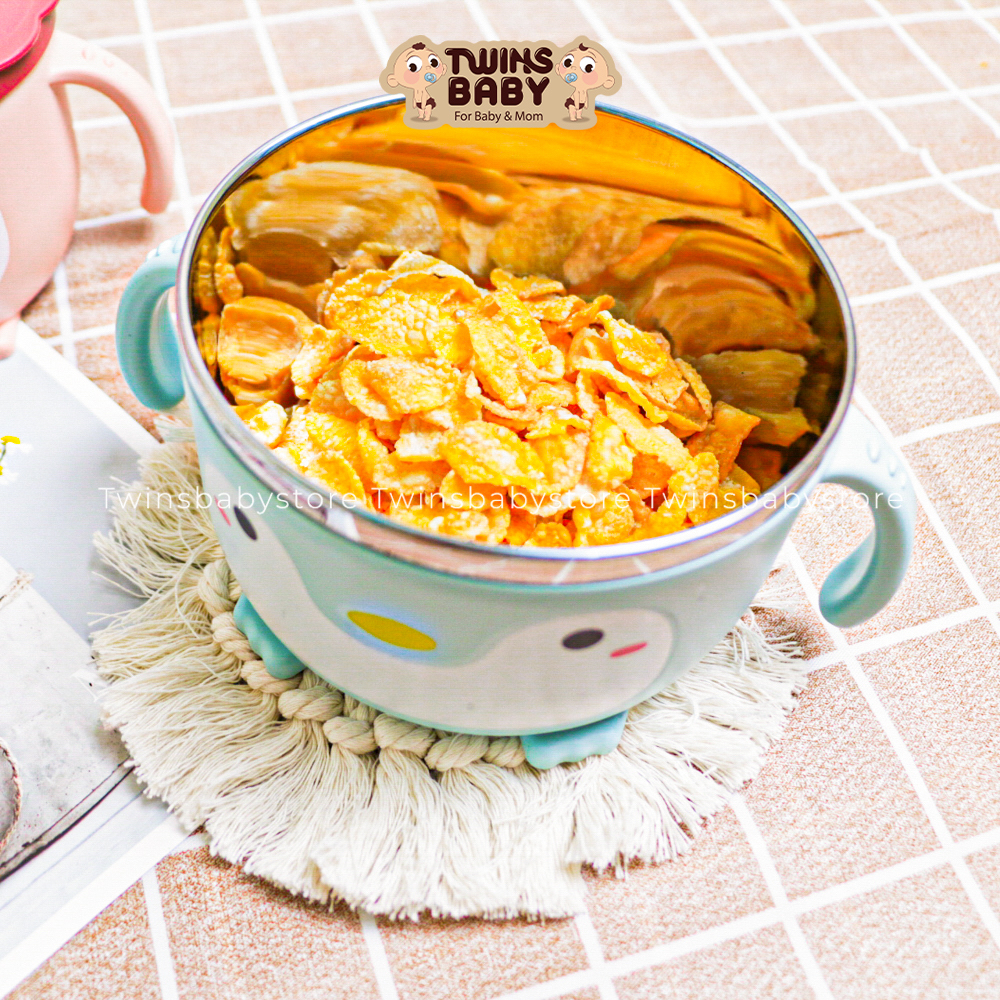 Bát ăn cơm, bát ăn mì, bát ăn dặm cho bé inox hình chim cánh cụt dễ thương, có nắp đậy kèm thìa