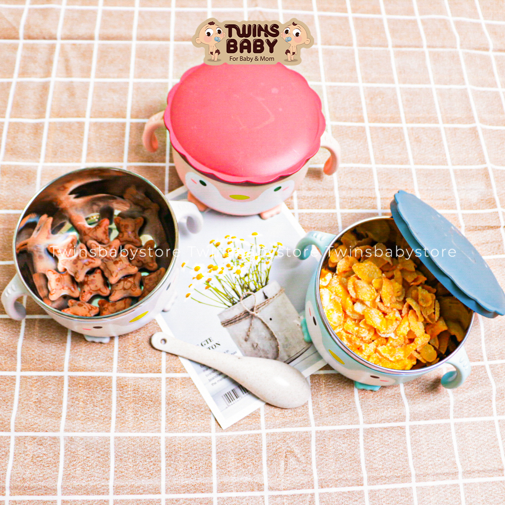 Bát ăn cơm, bát ăn mì, bát ăn dặm cho bé inox hình chim cánh cụt dễ thương, có nắp đậy kèm thìa