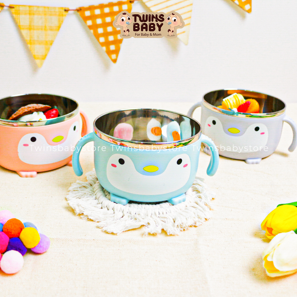 Bát ăn cơm, bát ăn mì, bát ăn dặm cho bé inox hình chim cánh cụt dễ thương, có nắp đậy kèm thìa