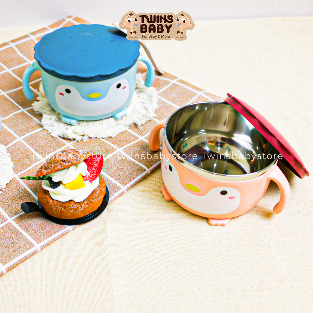 Bát ăn cơm, bát ăn mì, bát ăn dặm cho bé inox hình chim cánh cụt dễ thương, có nắp đậy kèm thìa