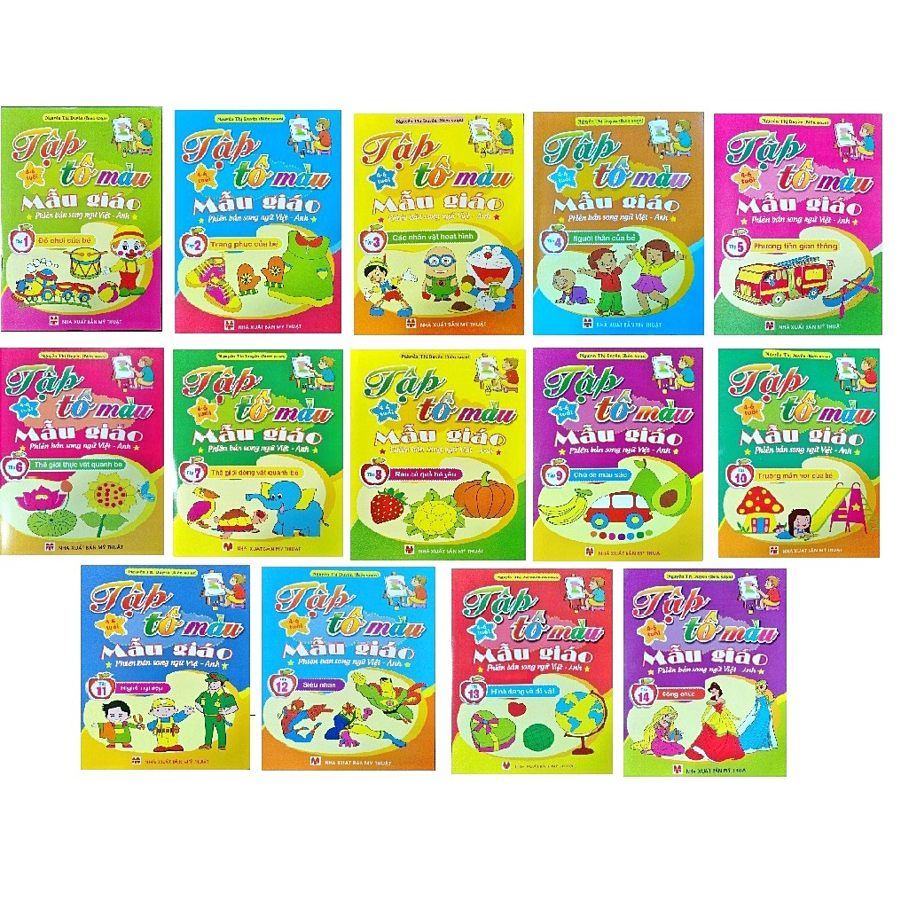 Sách - Combo 14 cuốn Tập tô màu mầu giáo (song ngữ Anh - Việt) giá 140k và Bộ 8 bút sáp màu Wax Crayons - ndbooks