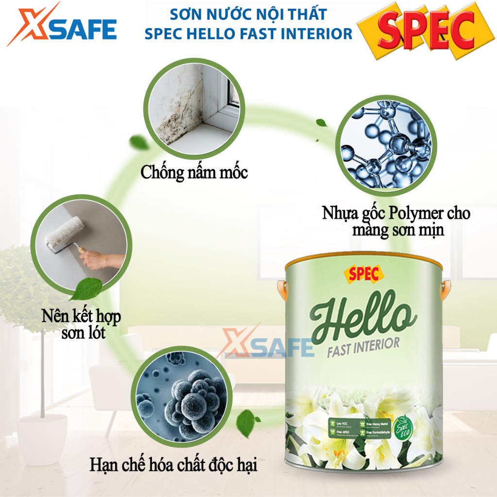 [1 Lít] Sơn nước nội thất cao cấp SPEC HELLO FAST INTERIOR, nhựa gốc Polymer lớp sơn mịn, độ che phủ cao, chống nấm mốc
