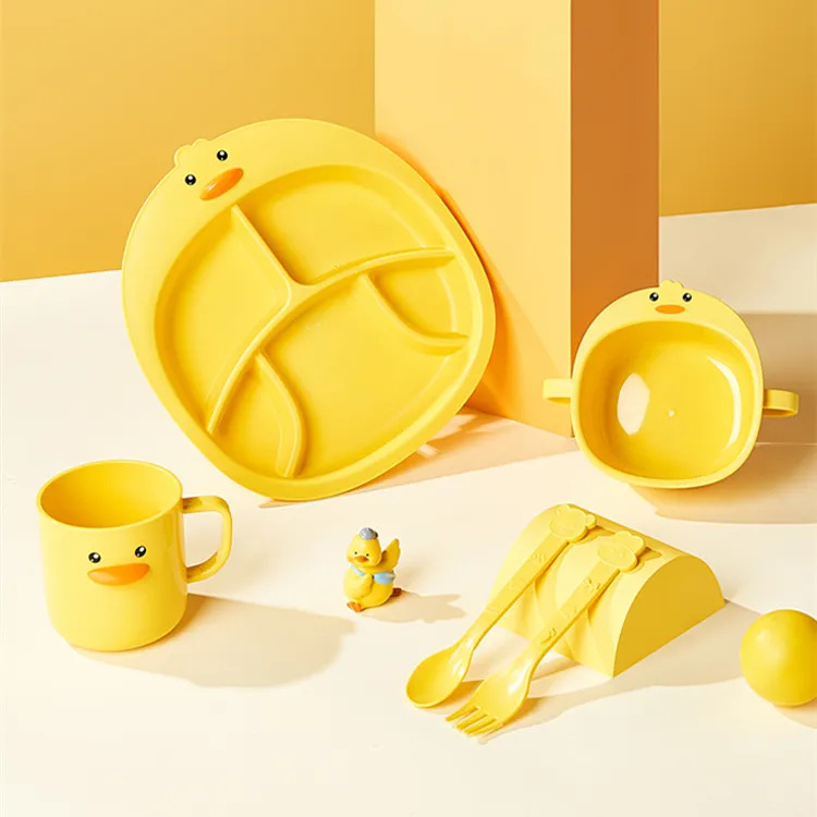 Combo khay ăn dặm, tô ăn , cốc uống nước cho bé kèm muỗng nĩa vịt con dễ thương nhựa PP 1